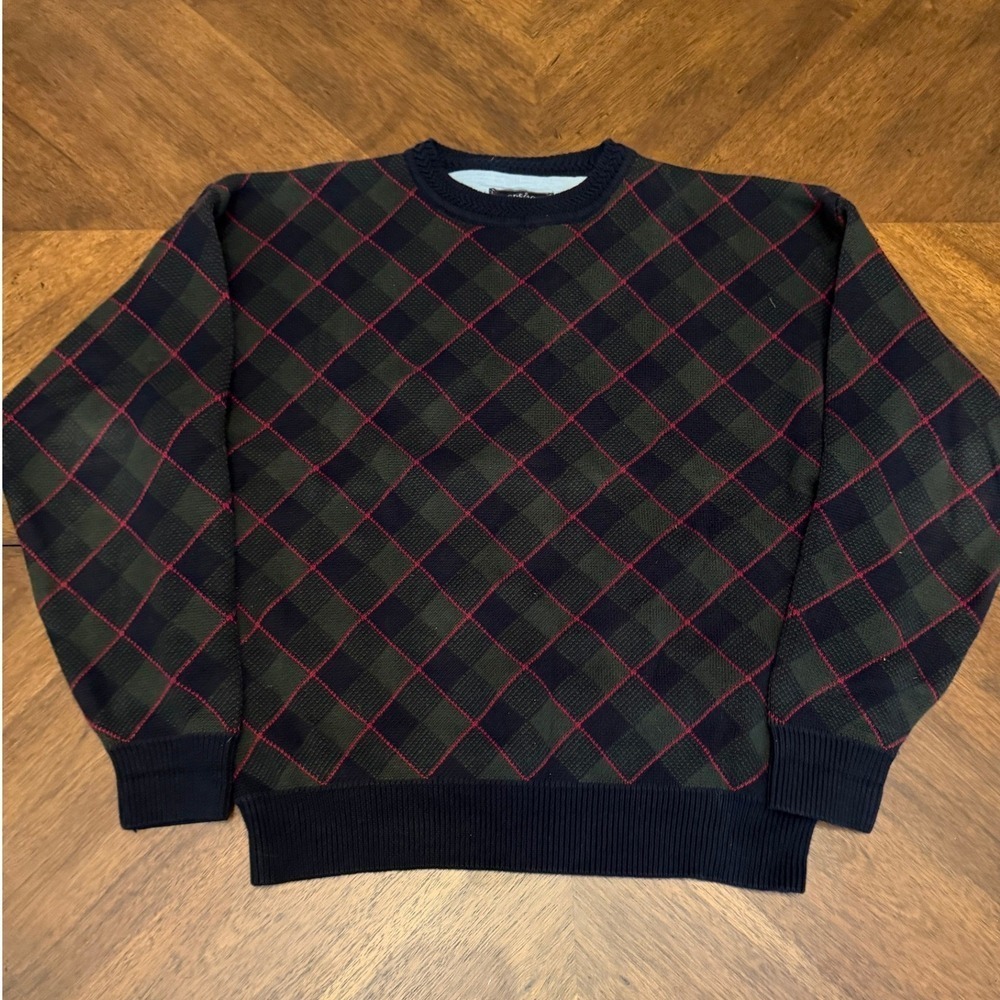 Woods & Gray Mens Large Argyle Plaid Cotton Knit Sweater Navy Green Red Pullover